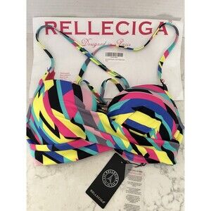 Y2K Retro Bikini Top RELLECIGA Neon Striped Push Up Size S NWT $79.99